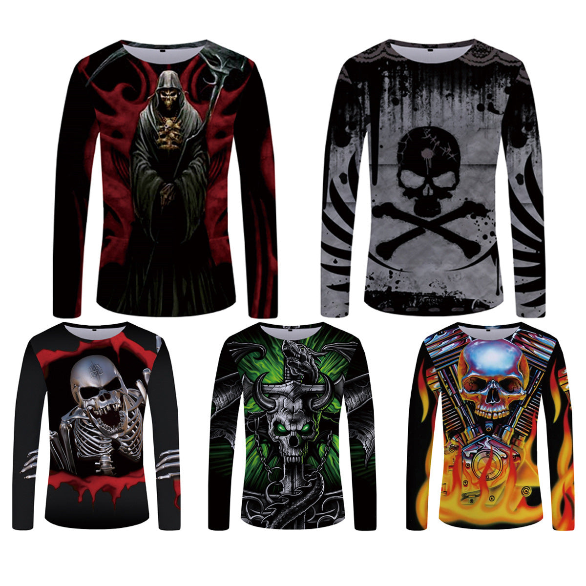 Long Sleeve 3D Horror Skull Digital Print T-Shirt