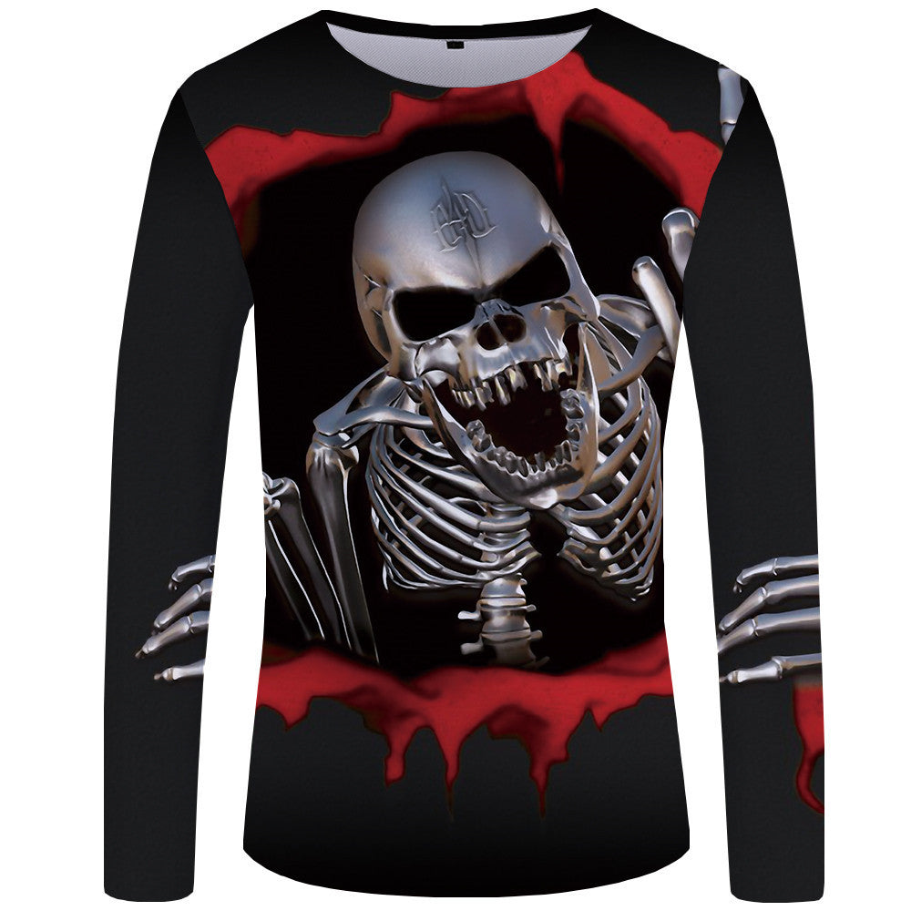 Long Sleeve 3D Horror Skull Digital Print T-Shirt