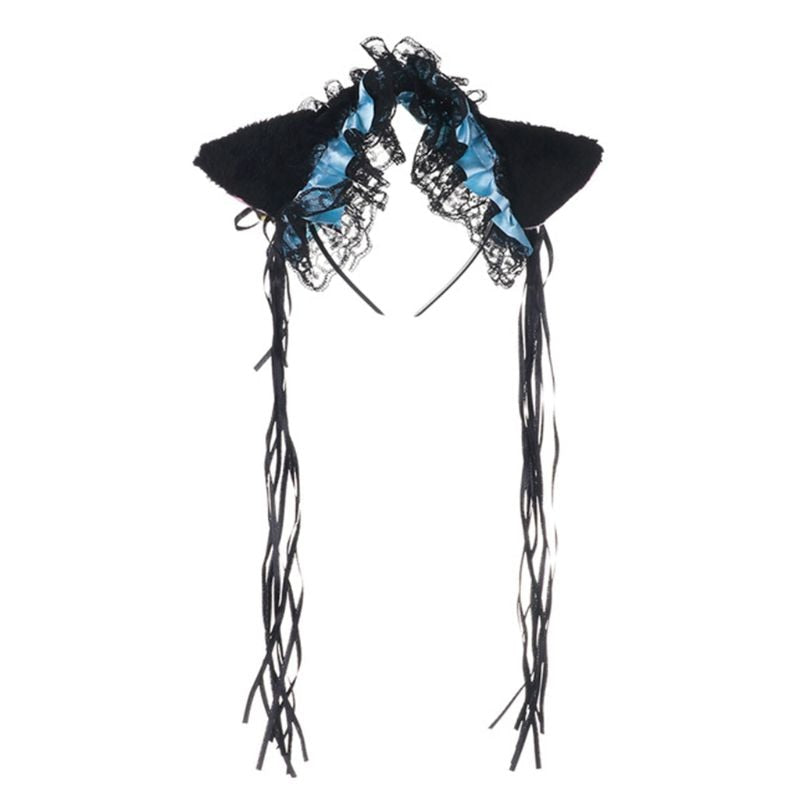 Women Ruffles Lace Headband Plush Cat Ears Ribbon Bell Lolita Cosplay Hair Hoop