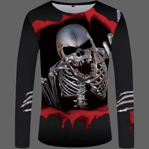 Long Sleeve 3D Horror Skull Digital Print T-Shirt