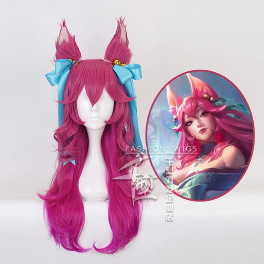 Game Spirit Blossom Ahri Long Wig With Ears Headwear Cosplay Costume Heat Resistant Synthetic Hair Women Wigs